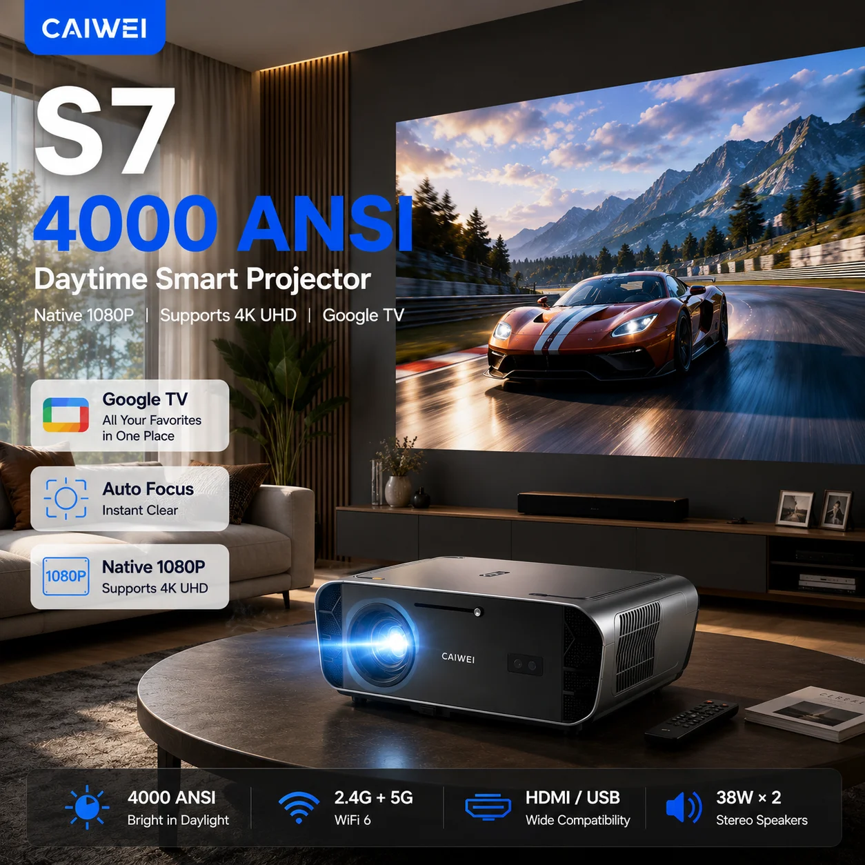 Home Cinema Experience - 4000ANSI 4K S7 Tageslicht-Projektor Ultra HDMI