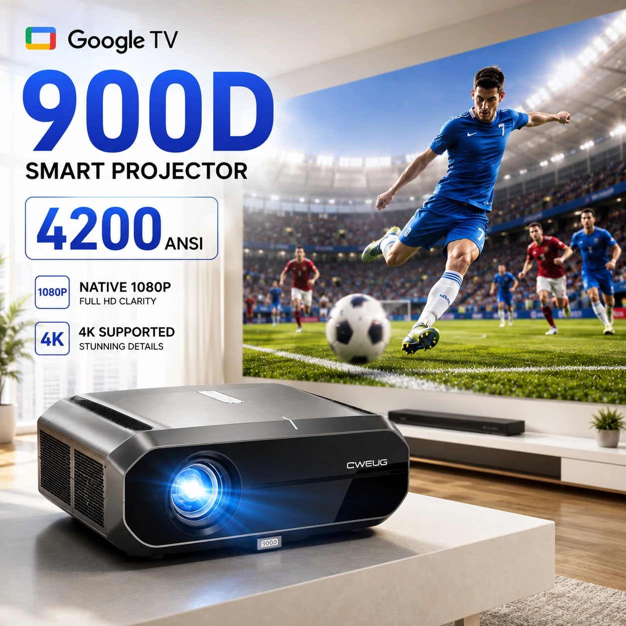 Home Cinema Experience - 4200ANSI 900D 4K-fähiger Projektor, native 1080P,